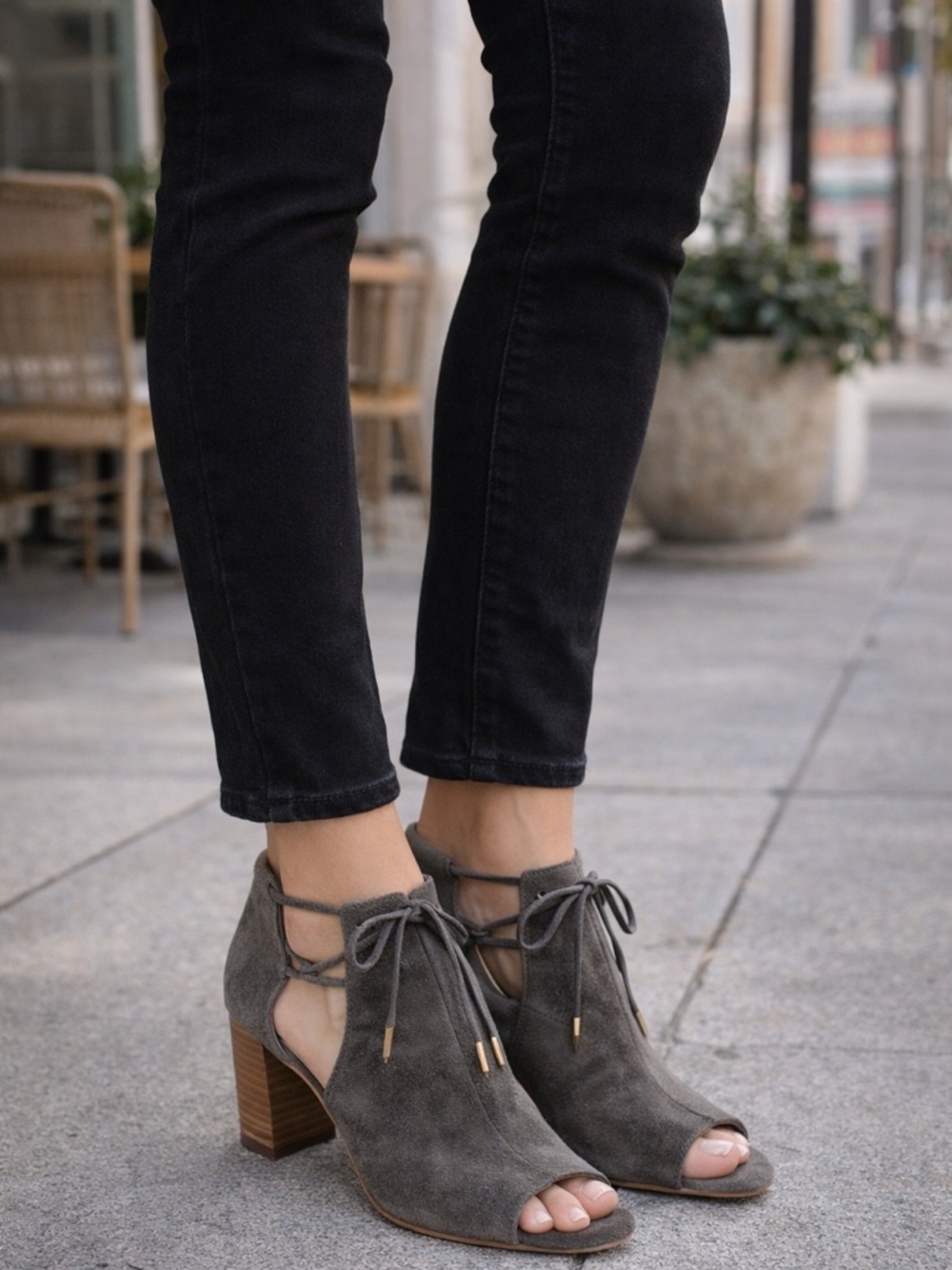Vaneli Grey Suede Open Toe Booties Lace Up Block Heel Cutout Ankle Heels Neutral